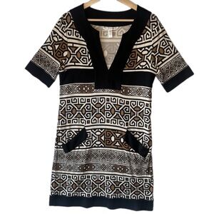 Diane‎ Von Furstenberg 100% silk Midi dress Aztec Brown Black White Tunic Sz 12